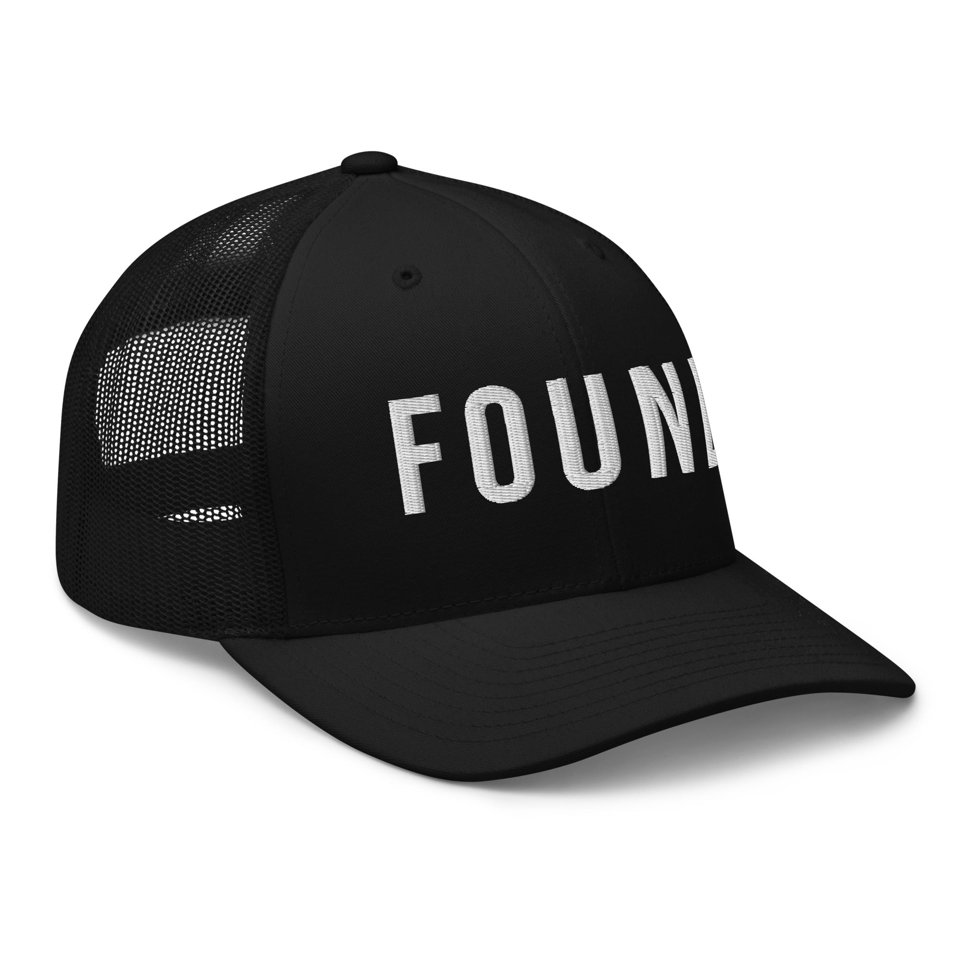Black cap with 'FOUN' text on a white background