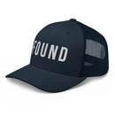 Navy blue cap with 'FOUND' text on a white background