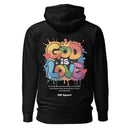 Black "GOD IS LOVE" hoodie, featuring an inspiring faith-based design and cozy fit, perfect for everyday wear and spiritual expression.