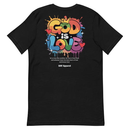 Black "GOD IS LOVE" t-shirt, showcasing a minimalist spiritual message with a sleek look, ideal for casual outfits and everyday inspiration.