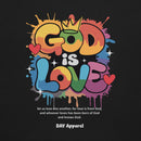Colorful 'God is Love' graphic with a black background