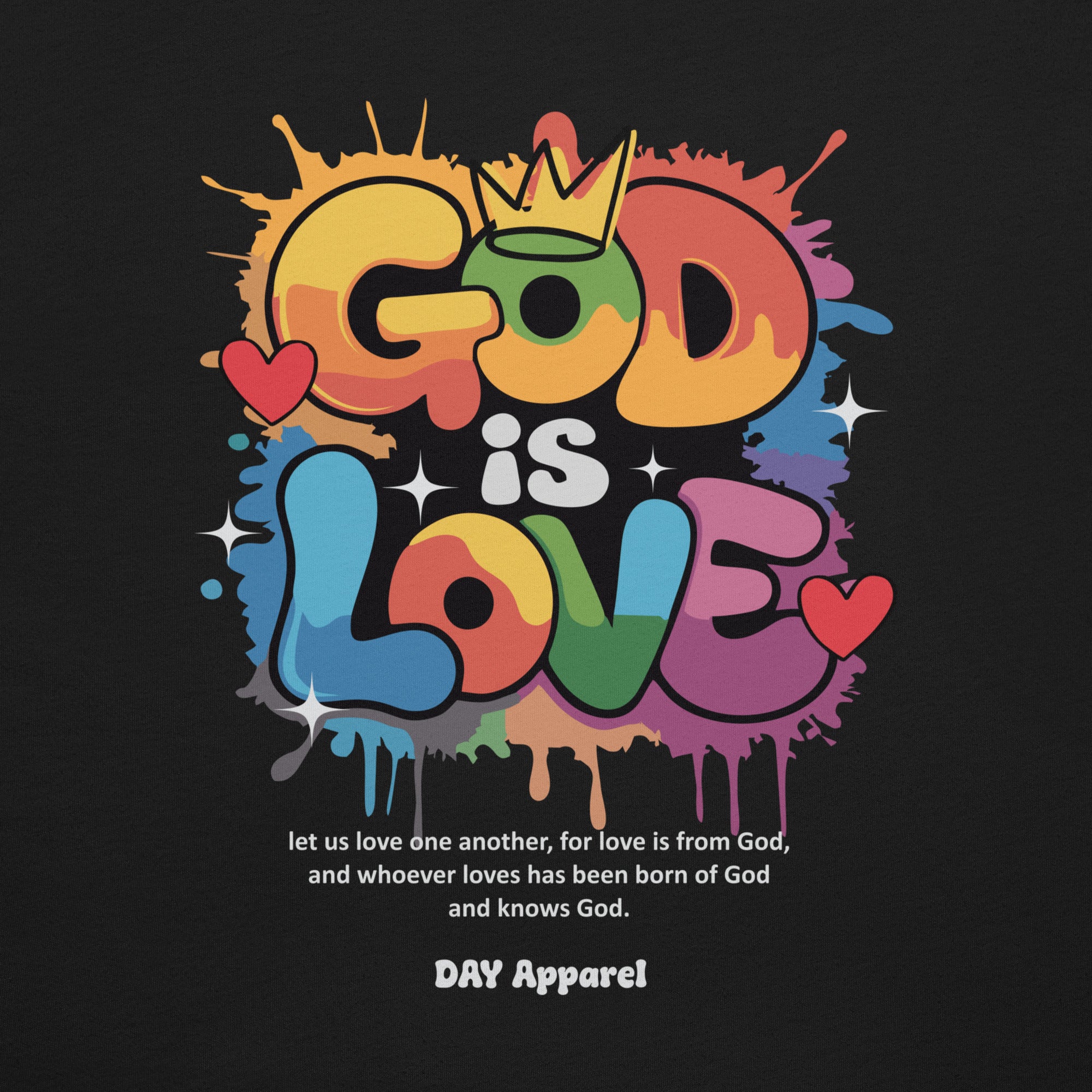 Colorful 'God is Love' graphic with a black background