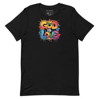 Black "GOD IS LOVE" t-shirt, showcasing a minimalist spiritual message with a sleek look, ideal for casual outfits and everyday inspiration.