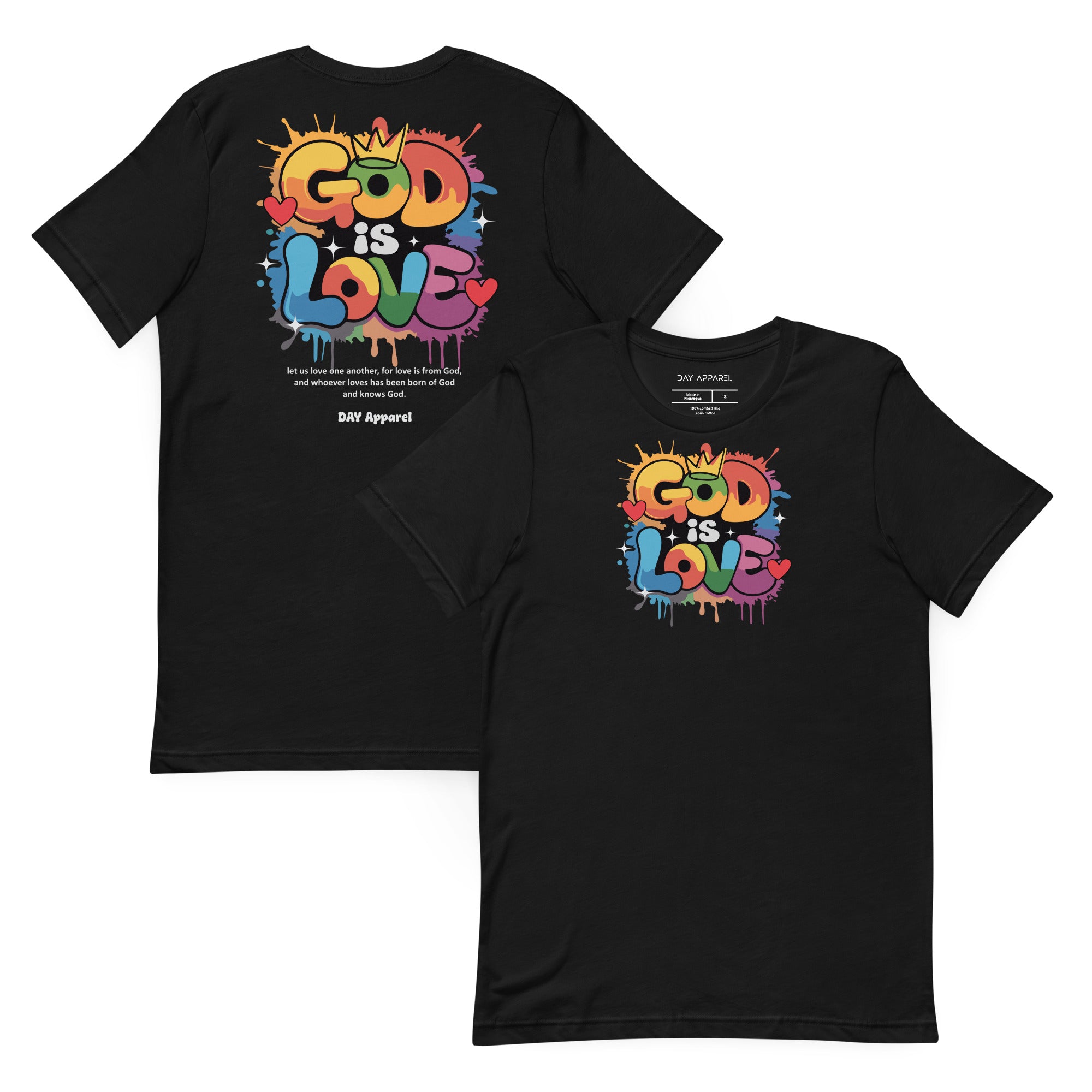Black "GOD IS LOVE" t-shirts, showcasing a minimalist spiritual message with a sleek look, ideal for casual outfits and everyday inspiration.