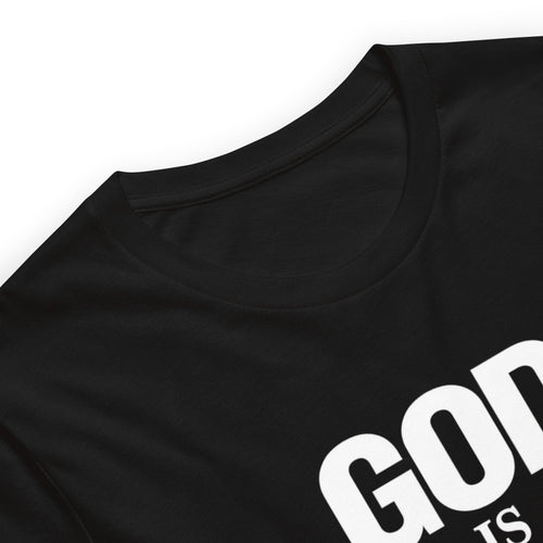 Black t-shirt with white text on a white background