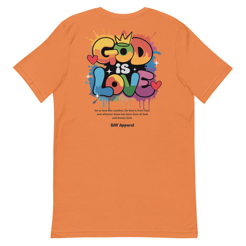 Burnt Orange "GOD IS LOVE" t-shirt, showcasing a minimalist spiritual message with a sleek look, ideal for casual outfits and everyday inspiration.