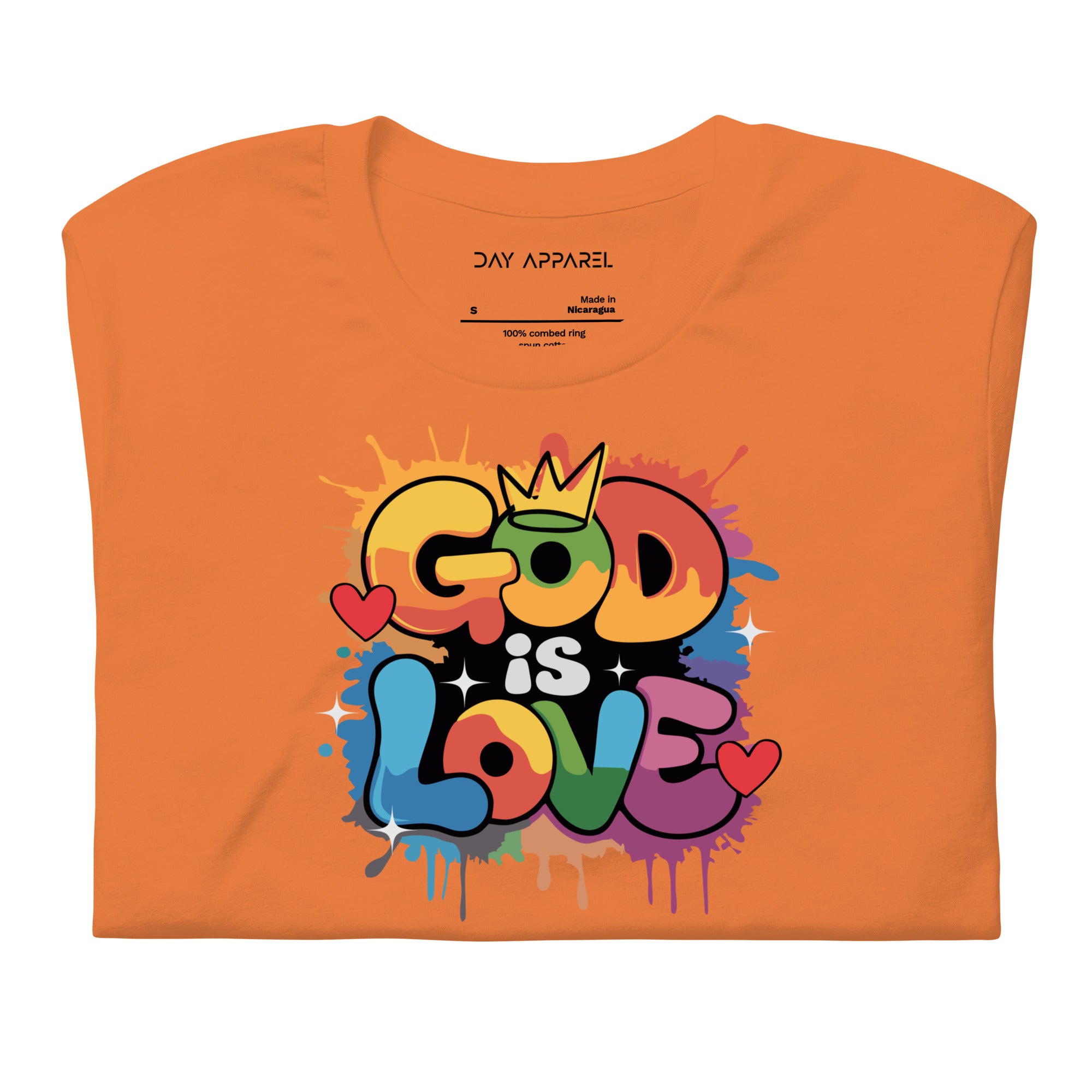 Orange t-shirt with 'God is Love' graphic design on a white background