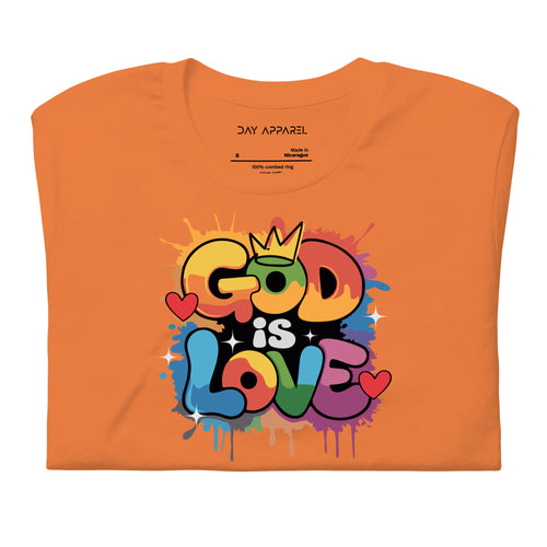 Orange t-shirt with 'God is Love' graphic design on a white background
