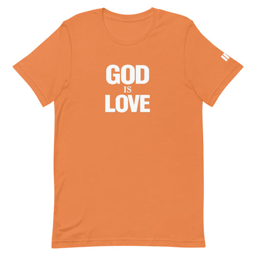 Orange t-shirt with 'GOD IS LOVE' text on a white background