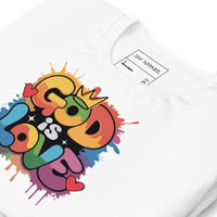 White "GOD IS LOVE" t-shirt, showcasing a minimalist spiritual message with a sleek look, ideal for casual outfits and everyday inspiration.