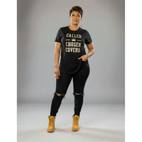 Woman wearing a black t-shirt with 'Called. Chosen. Covered.'