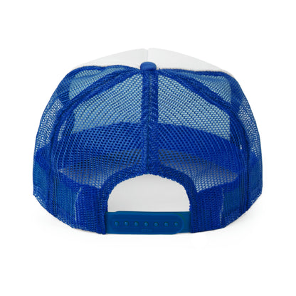 Back view - Vintage-inspired trucker hat in red & blue, featuring a mesh back and snapback closure. Retro design with a curved brim, perfect for a casual and stylish addition to your accessories.