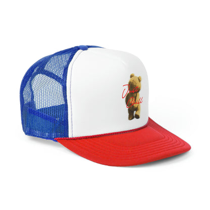 Side view - Vintage-inspired trucker hat in red & blue, featuring a mesh back and snapback closure. Retro design with a curved brim, perfect for a casual and stylish addition to your accessories.